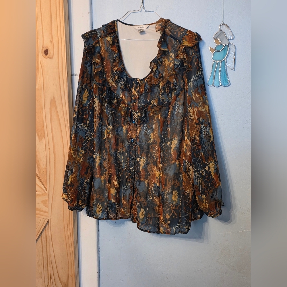 CJ Banks Autumn Tones Shear Ruffled Blouse Sz 3x.